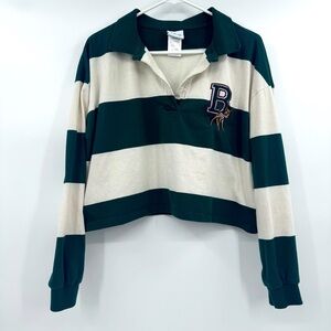 Disney Bambi Top Women XL Green Long Sleeve Cropped Rugby Stripes Preppy